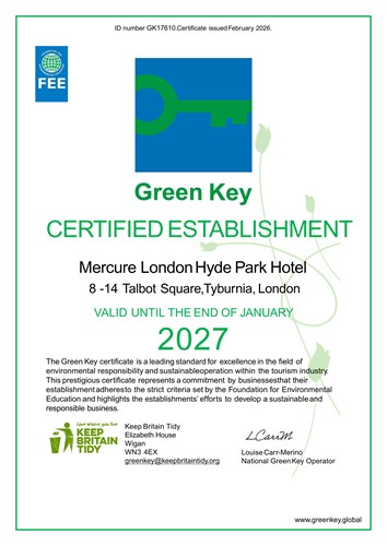 Mercure London Hyde Park Green Key Certificate Feb 2026